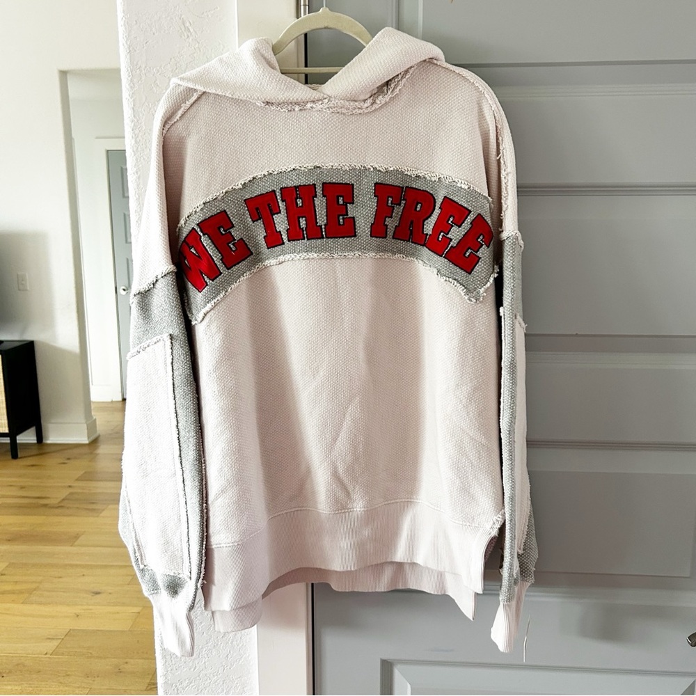 Free People Oversized Hooded Sweatshirt in Light Beige with Red Lettering - Picture 4 of 5